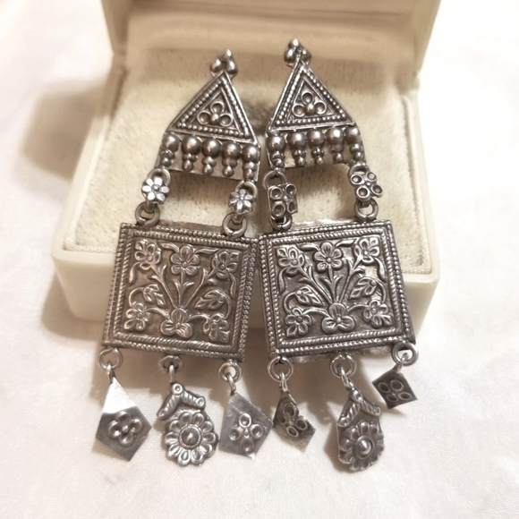 Antique Jewelry - EARLY 1800S Georgian Antique Egyptian sterling long dangling earrings